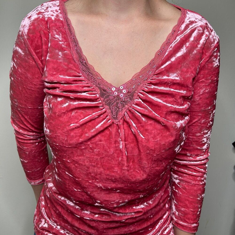 Vintage 90s Y2k 2000s Velvet V neck blouse shirt trendy retro 2000s medium - Picture 3 of 7